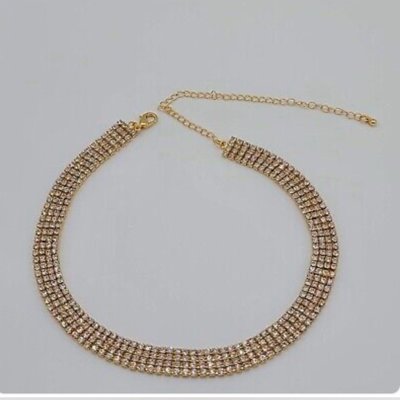 NWOT Gold Rhinestone Choker Necklace, 4 Rows & Tennis Bracelet Adjustable12-17” - Picture 2 of 7
